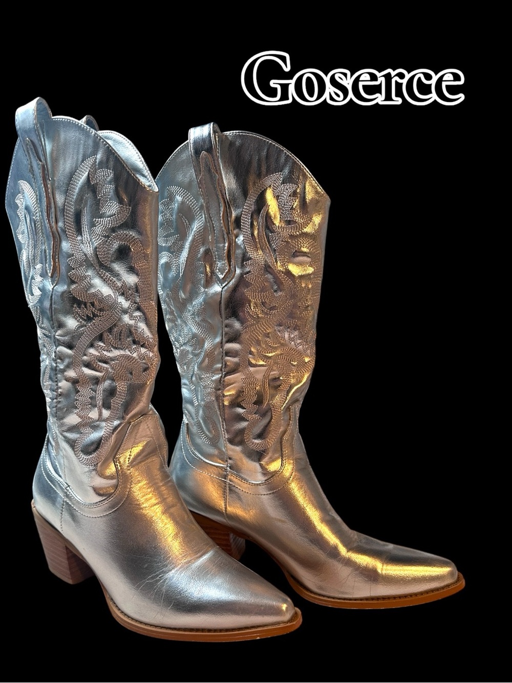GOSERCE Cowboy Mid Wide Calf Embroidered Silver Boots (8/8.5 See Measurements)